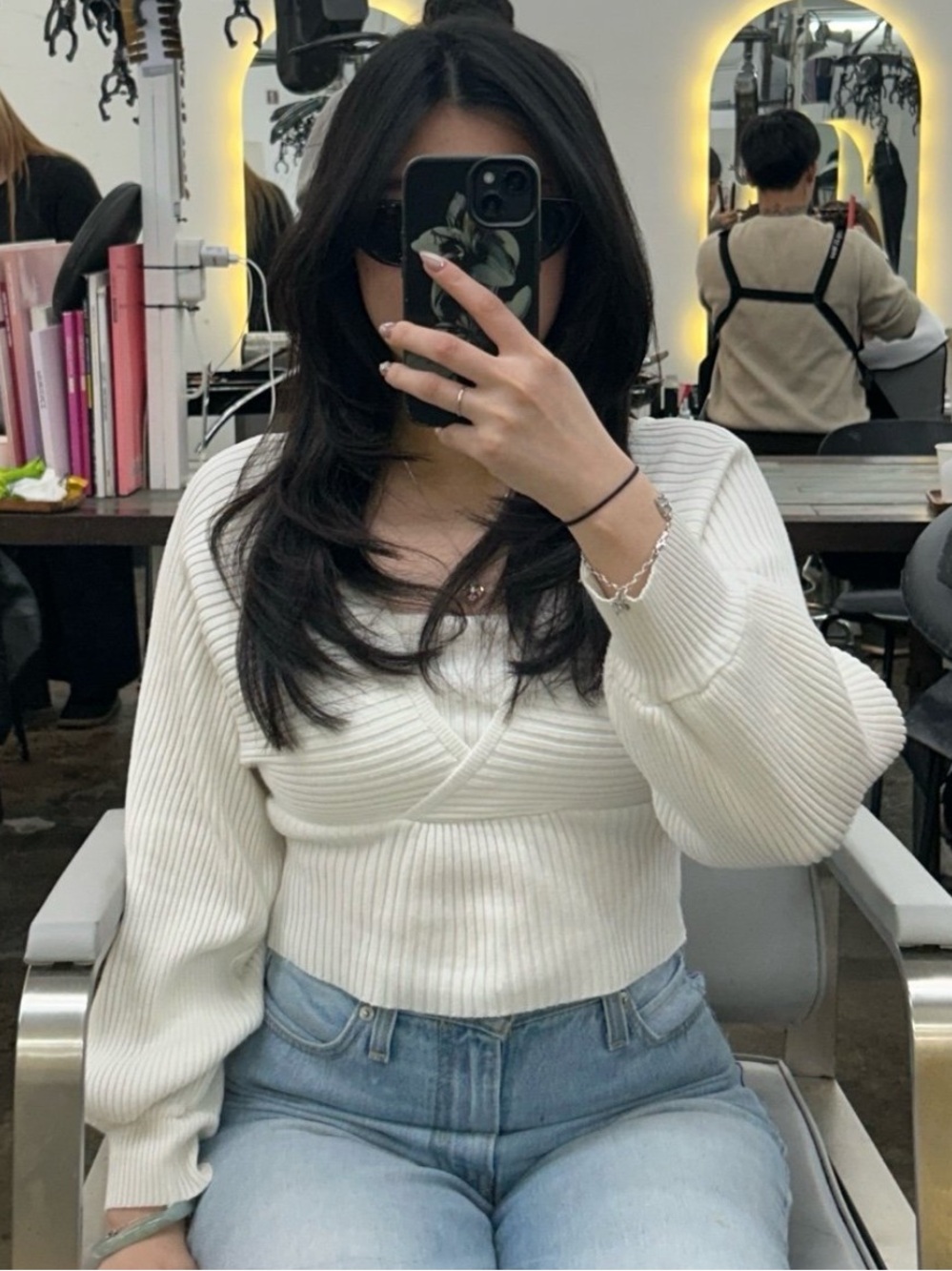 Cropped White Ribbed Wrap-Front Sweater